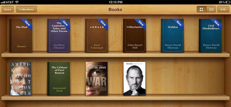 Un'app di lettura di e-book che simula una libreria. Interfaccia molto scheumorfistica.